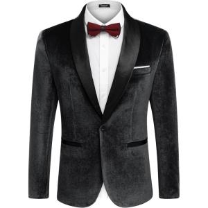 imageCOOFANDY Mens Velvet Tuxedo One Button Jacket Dinner Prom Wedding Blazer JacketBlack