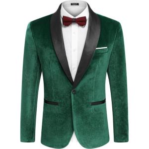 imageCOOFANDY Mens Velvet Tuxedo One Button Jacket Dinner Prom Wedding Blazer JacketLack Green