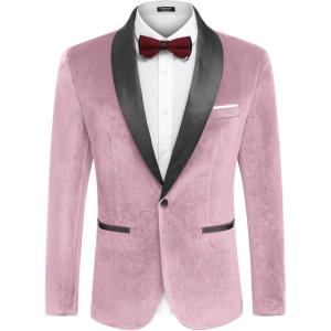 imageCOOFANDY Mens Velvet Tuxedo One Button Jacket Dinner Prom Wedding Blazer JacketPink