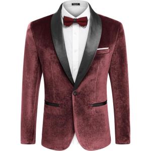 imageCOOFANDY Mens Velvet Tuxedo One Button Jacket Dinner Prom Wedding Blazer JacketWine Red