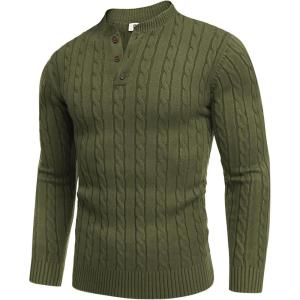 imageCOOFANDY Men Casual Knit Sweater Quarter Button Henley Long Sleeve Slim Fit Twisted Pullover SweaterArmy Green