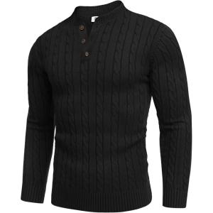 imageCOOFANDY Men Casual Knit Sweater Quarter Button Henley Long Sleeve Slim Fit Twisted Pullover SweaterBlack