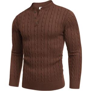 imageCOOFANDY Men Casual Knit Sweater Quarter Button Henley Long Sleeve Slim Fit Twisted Pullover SweaterBrown