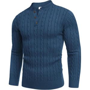 imageCOOFANDY Men Casual Knit Sweater Quarter Button Henley Long Sleeve Slim Fit Twisted Pullover SweaterDark Blue