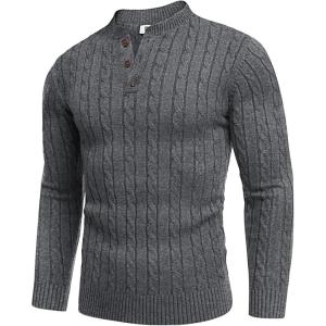 imageCOOFANDY Men Casual Knit Sweater Quarter Button Henley Long Sleeve Slim Fit Twisted Pullover SweaterDark Gray and White