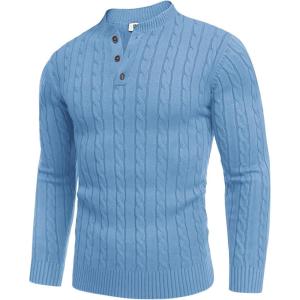 imageCOOFANDY Men Casual Knit Sweater Quarter Button Henley Long Sleeve Slim Fit Twisted Pullover SweaterLight Blue