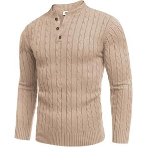 imageCOOFANDY Men Casual Knit Sweater Quarter Button Henley Long Sleeve Slim Fit Twisted Pullover SweaterLight Khaki