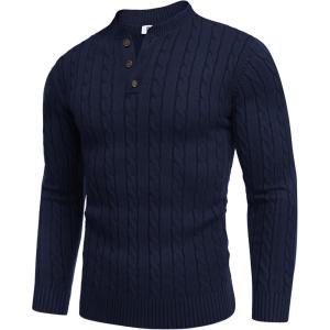 imageCOOFANDY Men Casual Knit Sweater Quarter Button Henley Long Sleeve Slim Fit Twisted Pullover SweaterNavy Blue