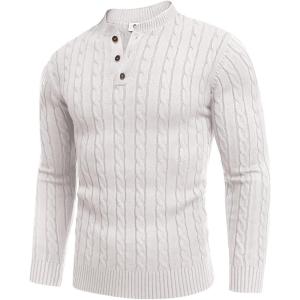 imageCOOFANDY Men Casual Knit Sweater Quarter Button Henley Long Sleeve Slim Fit Twisted Pullover SweaterWhite