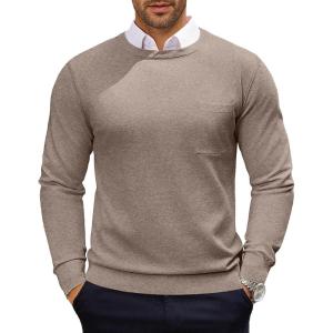 imageCOOFANDY Mens Crewneck Sweater Casual Lightweight Knitted Pullover Sweater with PocketTan