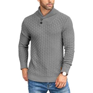 imageCOOFANDY Mens Shawl Collar Pullover Sweater Casual Slim Fit Button Textured Knit SweatersGrey