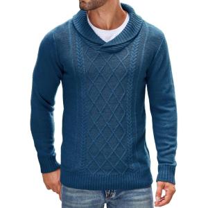 imageCOOFANDY Mens Shawl Collar Sweaters VNeck Relaxed Fit Cable PulloversDenim Blue