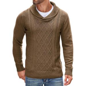 imageCOOFANDY Mens Shawl Collar Sweaters VNeck Relaxed Fit Cable PulloversLight Brown