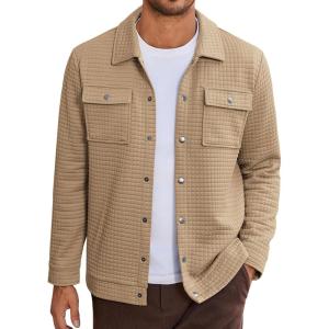 imageCOOFANDY Mens Casual Shirt Jacket Button Down Waffle Jacket Long Sleeve Sweater Jackets Quilted Shacket OvershirtKhaki