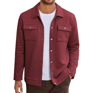 imageCOOFANDY Mens Casual Shirt Jacket Button Down Waffle Jacket Long Sleeve Sweater Jackets Quilted Shacket OvershirtWine Red
