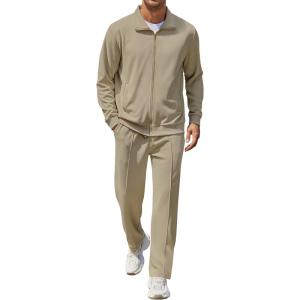 imageCOOFANDY Mens Casual Sweatsuit 2 Piece Athletic Full Zip Tracksuit Jacquard Jogging Set Fashion Jackets And Pants OutfitKhaki