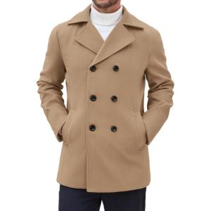 imageCOOFANDY Mens Double Breasted Pea Coat Winter Overcoat Short Trench Coat Notched CollarKhaki