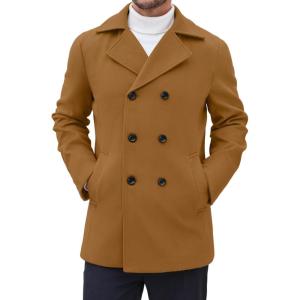 imageCOOFANDY Mens Double Breasted Pea Coat Winter Overcoat Short Trench Coat Notched CollarLight Brown