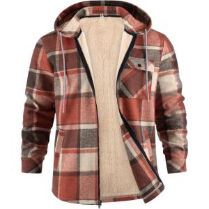 imageCOOFANDY Mens Flannel Fleece Jacket Sherpa Lined Shirt Jacket Plaid Zip Up Hoodie Soft Warm Coat with HoodAorange Block