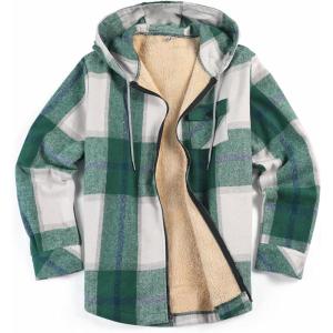 imageCOOFANDY Mens Flannel Fleece Jacket Sherpa Lined Shirt Jacket Plaid Zip Up Hoodie Soft Warm Coat with HoodCgreen Block
