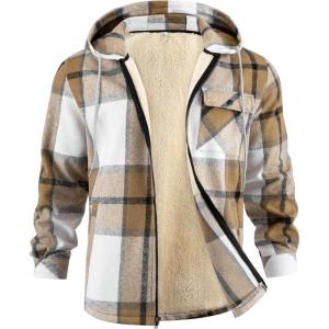 imageCOOFANDY Mens Flannel Fleece Jacket Sherpa Lined Shirt Jacket Plaid Zip Up Hoodie Soft Warm Coat with HoodCkhaki Block