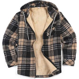 imageCOOFANDY Mens Flannel Fleece Jacket Sherpa Lined Shirt Jacket Plaid Zip Up Hoodie Soft Warm Coat with HoodDkhaki Line