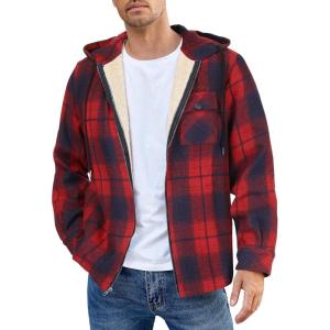 imageCOOFANDY Mens Flannel Fleece Jacket Sherpa Lined Shirt Jacket Plaid Zip Up Hoodie Soft Warm Coat with HoodEred Line