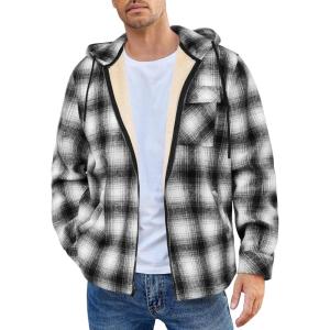 imageCOOFANDY Mens Flannel Fleece Jacket Sherpa Lined Shirt Jacket Plaid Zip Up Hoodie Soft Warm Coat with HoodGblack White Line