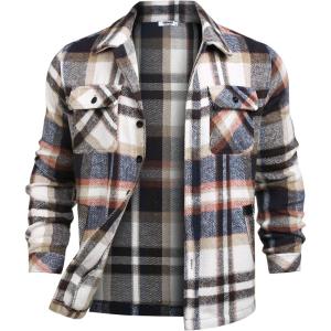 imageCOOFANDY Mens Flannel Jacket Long Sleeve Plaid Shirt Jackets Button Down Fleece Shacket Casual Fall Soft OutwearBrown Line