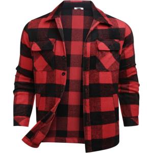 imageCOOFANDY Mens Flannel Jacket Long Sleeve Plaid Shirt Jackets Button Down Fleece Shacket Casual Fall Soft OutwearBuffalo Red Plaid