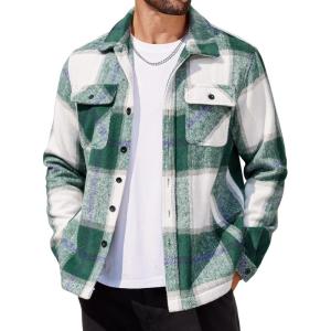 imageCOOFANDY Mens Flannel Jacket Long Sleeve Plaid Shirt Jackets Button Down Fleece Shacket Casual Fall Soft OutwearGreen Block