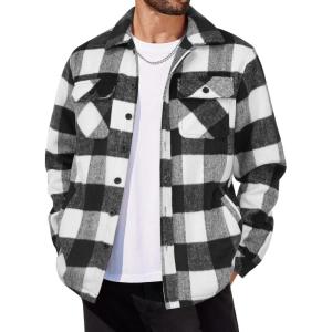 imageCOOFANDY Mens Flannel Jacket Long Sleeve Plaid Shirt Jackets Button Down Fleece Shacket Casual Fall Soft OutwearWhite Black Plaid
