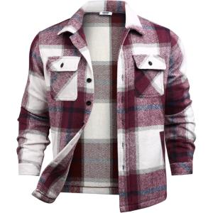 imageCOOFANDY Mens Flannel Jacket Long Sleeve Plaid Shirt Jackets Button Down Fleece Shacket Casual Fall Soft OutwearWine Red Block