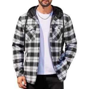 imageCOOFANDY Mens Flannel Shirt Jacket Cotton Quilted Lined Plaid Shirt Long Sleeve Button Down Hoodie JacketsBlack White PlaidBuffalo Check
