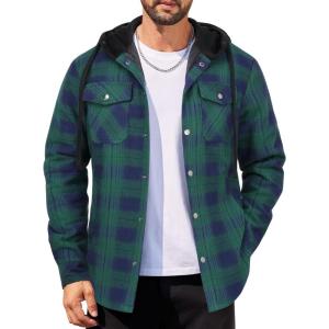 imageCOOFANDY Mens Flannel Shirt Jacket Cotton Quilted Lined Plaid Shirt Long Sleeve Button Down Hoodie JacketsBlue Green PlaidTurquoise Plaid