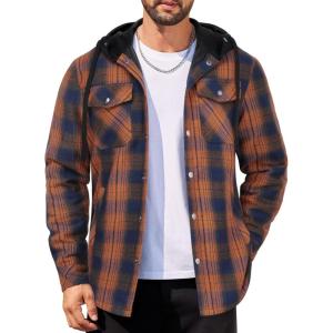 imageCOOFANDY Mens Flannel Shirt Jacket Cotton Quilted Lined Plaid Shirt Long Sleeve Button Down Hoodie JacketsNavy Brown Plaid