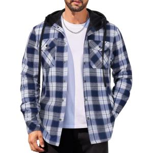 imageCOOFANDY Mens Flannel Shirt Jacket Cotton Quilted Lined Plaid Shirt Long Sleeve Button Down Hoodie JacketsNavy White Plaid