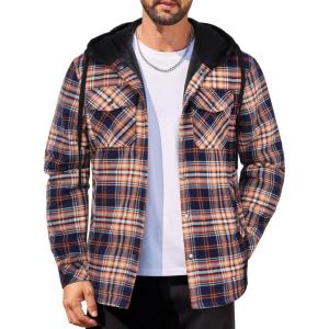 imageCOOFANDY Mens Flannel Shirt Jacket Cotton Quilted Lined Plaid Shirt Long Sleeve Button Down Hoodie JacketsOrange Navy Plaid