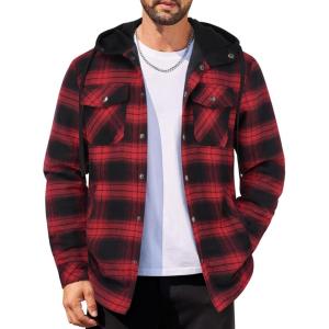 imageCOOFANDY Mens Flannel Shirt Jacket Cotton Quilted Lined Plaid Shirt Long Sleeve Button Down Hoodie JacketsRed Black PlaidBuffalo Plaid