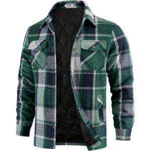 imageCOOFANDY Mens Flannel Shirt Jackets Quilted Lined Plaid Jacket Long Sleeve Button Down Thick Winter Outwear ShacketsGreen