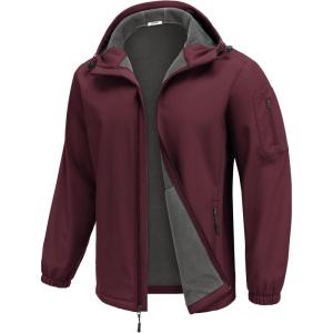 imageCOOFANDY Mens Hooded Softshell Jacket Waterproof Fleece Lined Windbreaker Lightweight Outdoor Hiking JacketWine Red