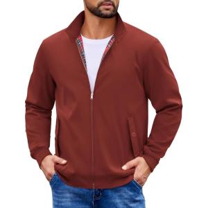 imageCOOFANDY Mens Lightweight Jackets Casual Windbreaker Zip Up Coat Stand Collar Golf Jacket Stylish Fall Work BusinessWine Red