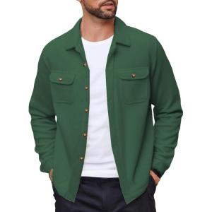 imageCOOFANDY Mens Polar Fleece Shacket Long Sleeve Casual Button Down Shirt Jacket with PocketsGreen