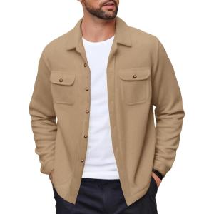 imageCOOFANDY Mens Polar Fleece Shacket Long Sleeve Casual Button Down Shirt Jacket with PocketsKhaki
