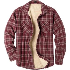 imageCOOFANDY Mens Sherpa Lined Flannel Shirt Jacket Long Sleeve Button Up Fleece Plaid ShirtsDark Red