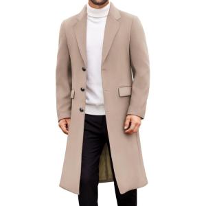 imageCOOFANDY Mens Trench Coat Long Casual Single Brested Overcoat Winter Notched Collar Wool Blend Pea coat With PocketsKhaki