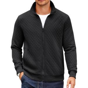 imageCOOFANDY Mens Zip Up Sweatshirt Mock Neck Quilted Jacket Casual Lightweight Sweater Jackets with PocketBlack