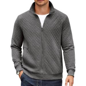 imageCOOFANDY Mens Zip Up Sweatshirt Mock Neck Quilted Jacket Casual Lightweight Sweater Jackets with PocketDark Grey