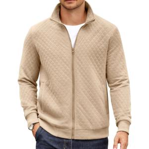 imageCOOFANDY Mens Zip Up Sweatshirt Mock Neck Quilted Jacket Casual Lightweight Sweater Jackets with PocketKhaki