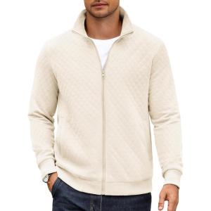 imageCOOFANDY Mens Zip Up Sweatshirt Mock Neck Quilted Jacket Casual Lightweight Sweater Jackets with PocketWhite